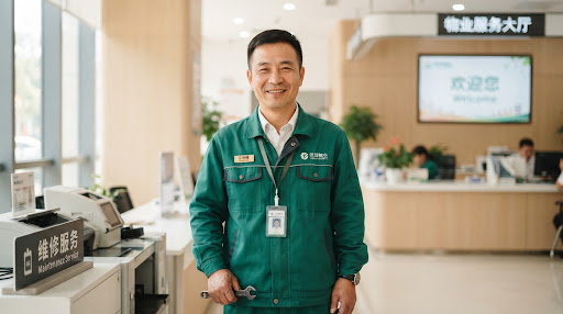 Warm friendly portrait of middle-aged male Chinese maintenance technician in neat emerald work uniform with polite smile, clean daylight background