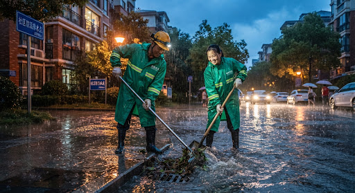 A cinematic, rain-soaked community scene at dusk showing property management heroes in high-visibility emerald green waterproof raincoats unclogging outdoor drainage grills to prevent flooding during a storm, dramatic storm lighting with warm streetlamps reflecting in clear puddles, documentary realism.
