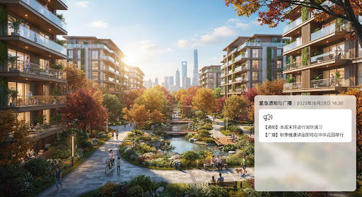 A lush green eco-friendly modern residential apartment complex courtyard in Shanghai with blooming autumn trees, sunlight streaming through glass balconies, warm peaceful neighborhood lifestyle