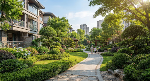 Neatly manicured residential garden shrubs and trimmed trees in a modern Chinese apartment community garden, sunny day morning