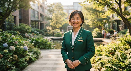 A warm and cinematic documentary portrait of a smiling middle-aged Asian property manager wearing a smart emerald green uniform, standing in a lush sunlit modern residential garden courtyard, shallow depth of field, warm ambient morning light, authentic and comforting editorial atmosphere.
