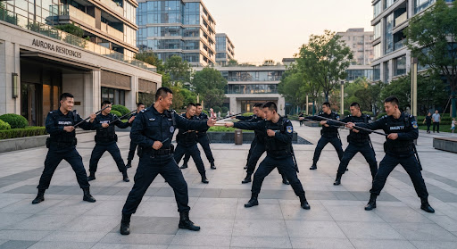Energetic early morning martial arts and tactical emergency defense drill by handsome Asian security officers dressed in sleek modern tactical security uniforms inside a pristine contemporary upscale apartment complex plaza, crisp morning dawn light, disciplined formations.