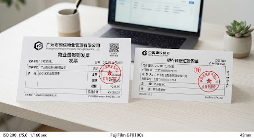 Clear high-definition photo of an official utility reimbursement invoice and bank transfer remittance receipt neatly stamped with red accounting seals on an ivory desk.