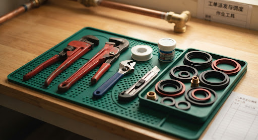 Close-up of residential pipeline replacement tools and high durability replacement rubber gasket rings on a clean tool mat, crisp contrast, emerald tones, warm indoor lighting
