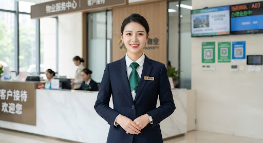 Portrait of pleasant young female Asian property manager in professional suit, warm natural smile, emerald necktie accent