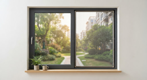 A modern apartment window installation showing sleek stainless steel anti-mosquito wire mesh screen, pristine finish, soft blurred residential park greenery background, warm afternoon daylight.