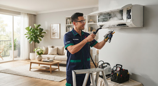 A professional HVAC technician in a crisp emerald-trimmed uniform cleaning an indoor central air conditioning unit using steam equipment inside a clean modern living room, bright morning natural lighting, crisp details, high-end residential aesthetic.
