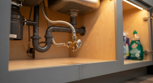 A modern kitchen sink under-cabinet plumbing leak, glistening water droplets on brass valve fitting, warm interior lighting with emerald reflective accents, high resolution photography