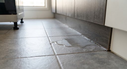 Residential tiled kitchen floor with a small puddle of clear water beside a cabinet baseboard, high detail texture