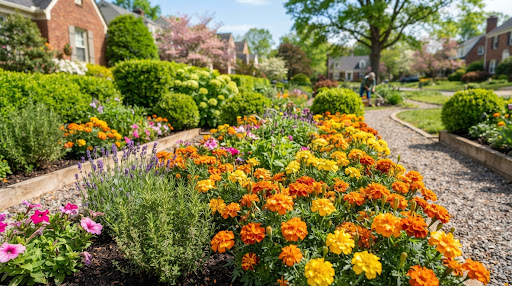 Close up photograph of a beautifully maintained spring community garden with vibrant blooming marigolds and manicured bushes, bright cheerful natural sunlight, peaceful residential landscape.